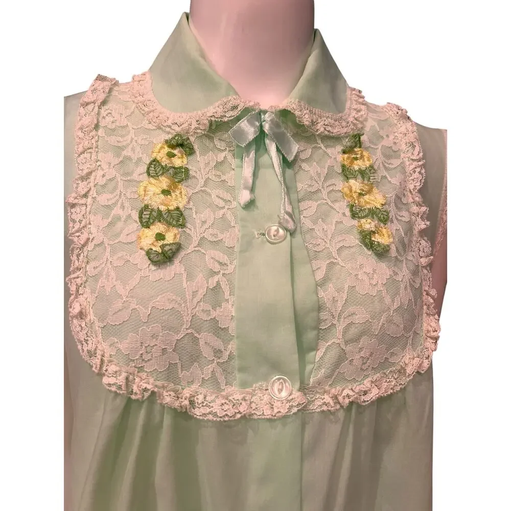 Vintage 1960s Mint Green Lace Cotton Nightgown Embroidered Floral Large -